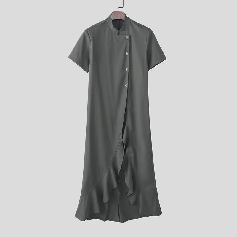 

INCERUN Мужские топы-туники с коротким рукавом, повседневные, с воротником-стойкой, с разрезом, с неровными рюшами 5XL серый