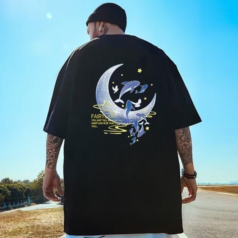 M-8XL Men Loose American Retro Style Whale Print Short Sleeved Round Neck Versatile Trendy Couple Outfit