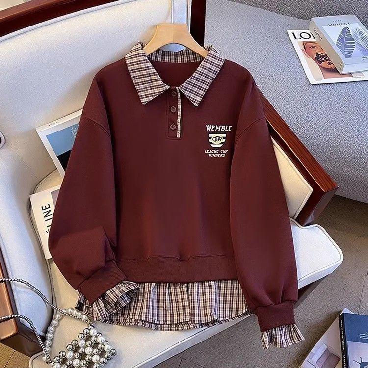 Women's Plaid Patchwork Polo Collar Hoodie - 2025 Niche Loose-Fit Autumn/Winter Top