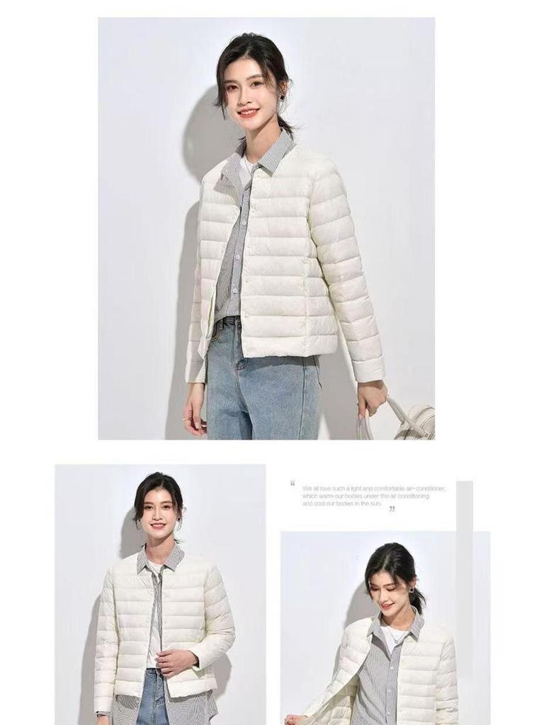 Women's 2025 Lightweight White Duck Down Ribbed Jacket - Warm Round Neck Short Coat