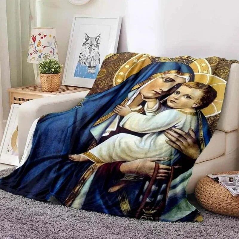 Virgin Mary Flannel Blanket Fluffy Lightweight Fleece Throw Blanket Comfort Soft Warm Baptism Cozy Nursery Bedding Decor Bedroom