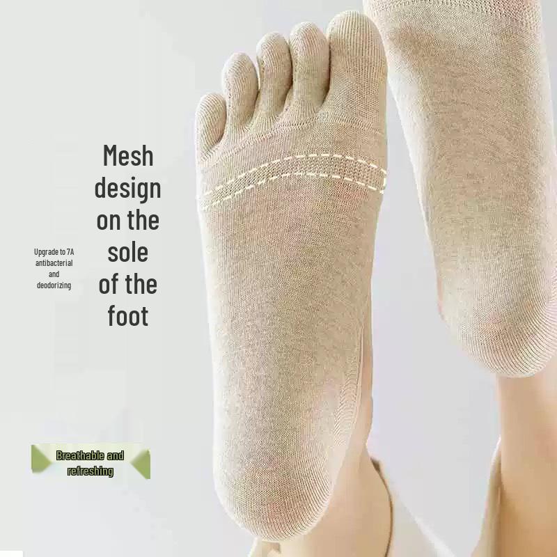 Damen Baumwoll Fünf-Finger Bootssocken: Sommer Dünn, Geruchshemmend, Fersenhaltend, Tief geschnitten, Nahtlos, Unsichtbare Zehensocken.