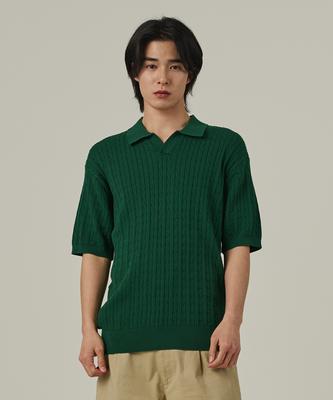 ANALOG MOOD Cable Open Collar Short Sleeve Knit (Green)