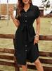 2026 European Women's Elegant Casual Belted Waist-Cinching Short-Sleeve Shirt Dress