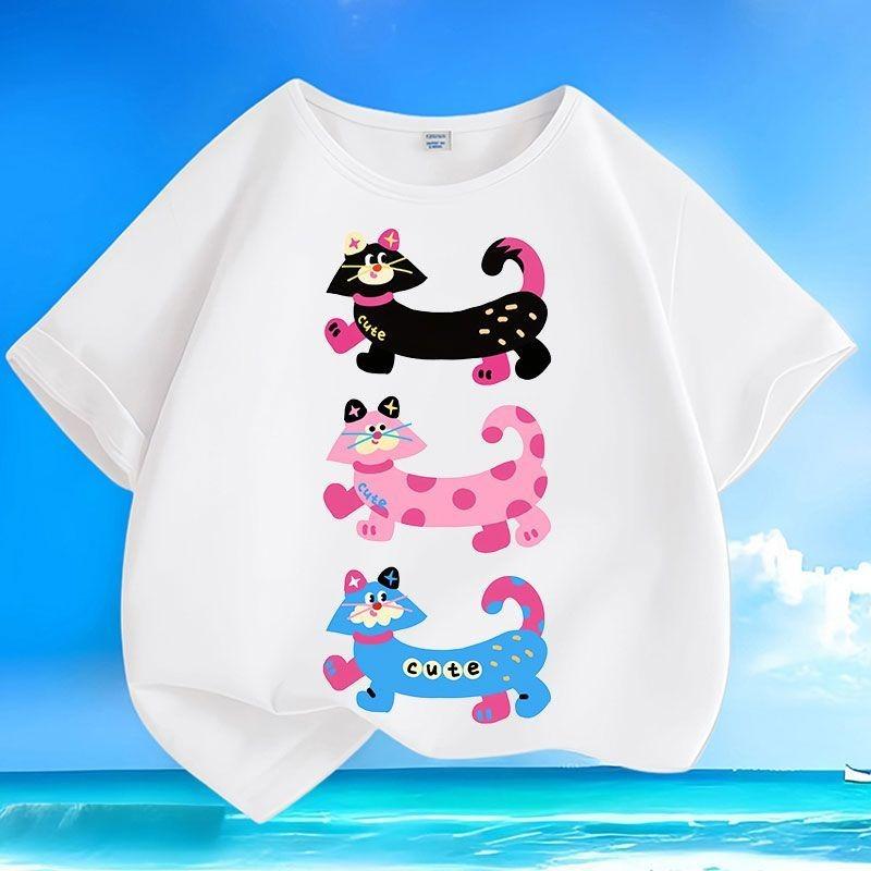 New Arrival Summer Cartoon Big - Face Cat Kids T - Shirts | Trendy & Loose | Crew Neck Short - Sleeve Top for Boys & Girls