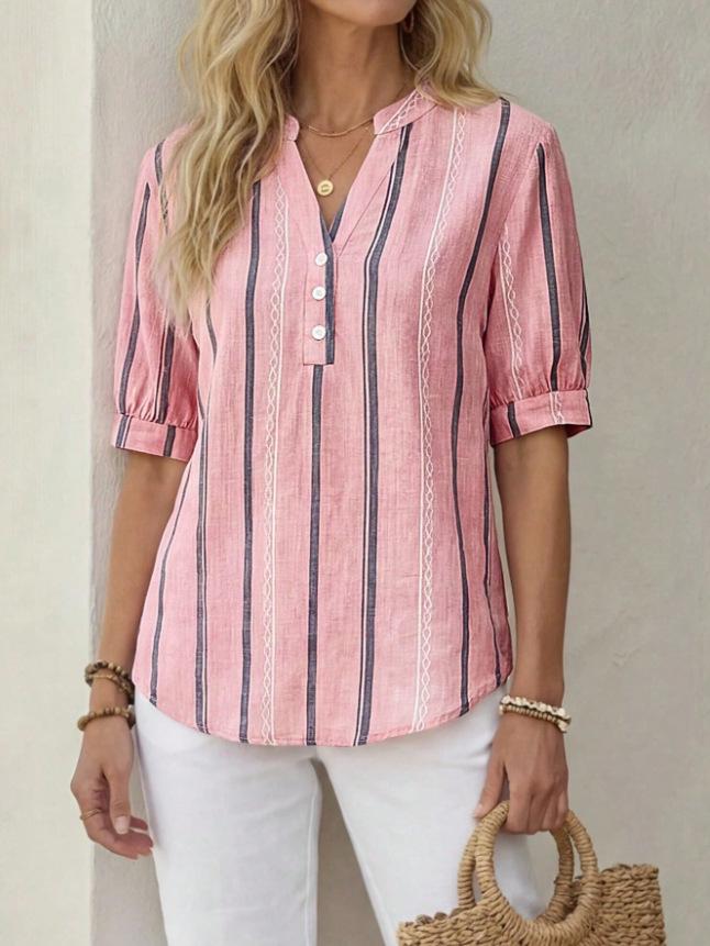 Women s Striped V Neck Short Sleeve Shirt Button Down Casual Blouse S