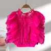Mote Sommer Blonder Patchwork Skjorte Dame Heklet Hul Ståkrage Plissert Kortermet Bluse Elegant Casual Ensfarget Topper 3507