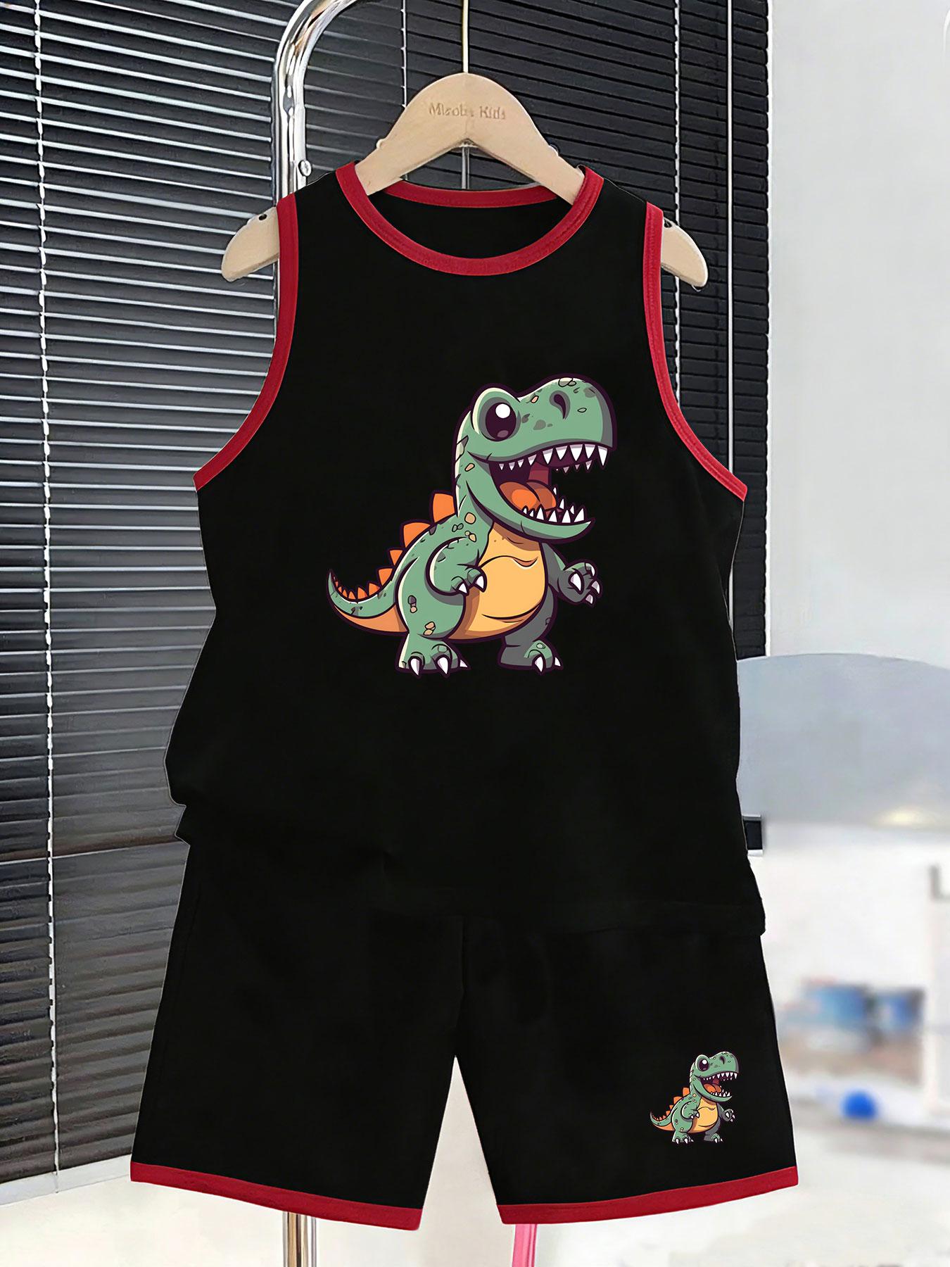 Boys’ T-Rex vest & shorts set. Breathable fabric, fun dinosaur prints, loose fit for cool summer outfits. 2-3Y чёрный
