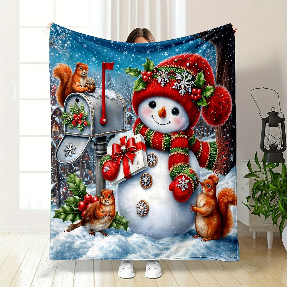 Snowman and Squirrels Christmas Scene Patterned flannel blanket perfect for the bedroom living room, sofa, or a little nap
