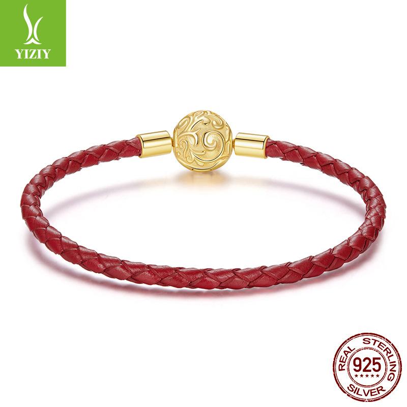 S925 Sterling Silver Roll Grass Pattern Button Head Basic Leather Rope Hand Rope, Retro Classic Leather Diy Bracelet