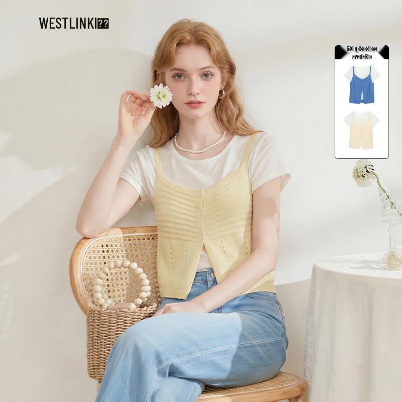 Westlink Women s Hollow-Out Knit Camisole and Vest Two-Piece Set M