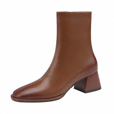 Fashion 2024 Autumn and Winter New Fashion Square Head Retro High Thick Heel Side Zipper Skinny Short Boots Women's All-match Nude Boots