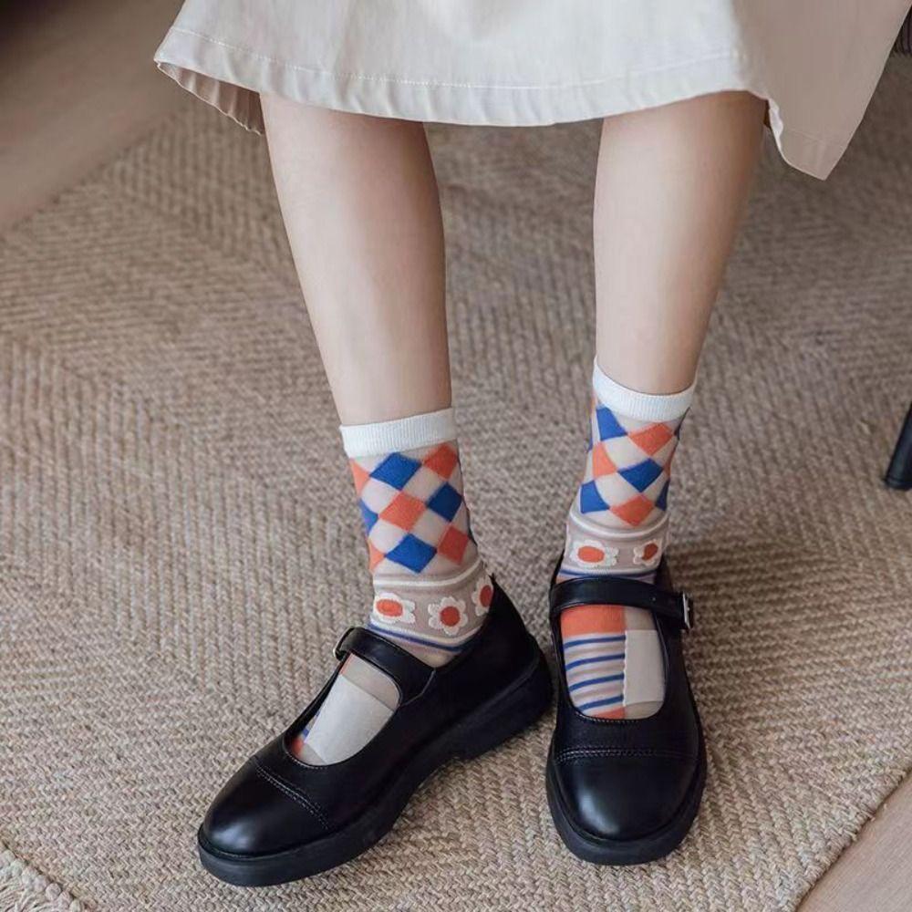 Sweet Floral Print Mid-calf Socks Ultra-Thin Crystal Silk Socks  Casual Wear