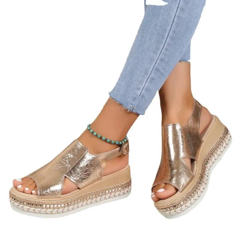 

Модная женская обувь 2024 года, горячая распродажа, женские сандалии с пряжкой из одного слова, летние однотонные с открытым носком на высоком каблуке, водонепроницаемые повседневные сандалии для женщин 41 золотой