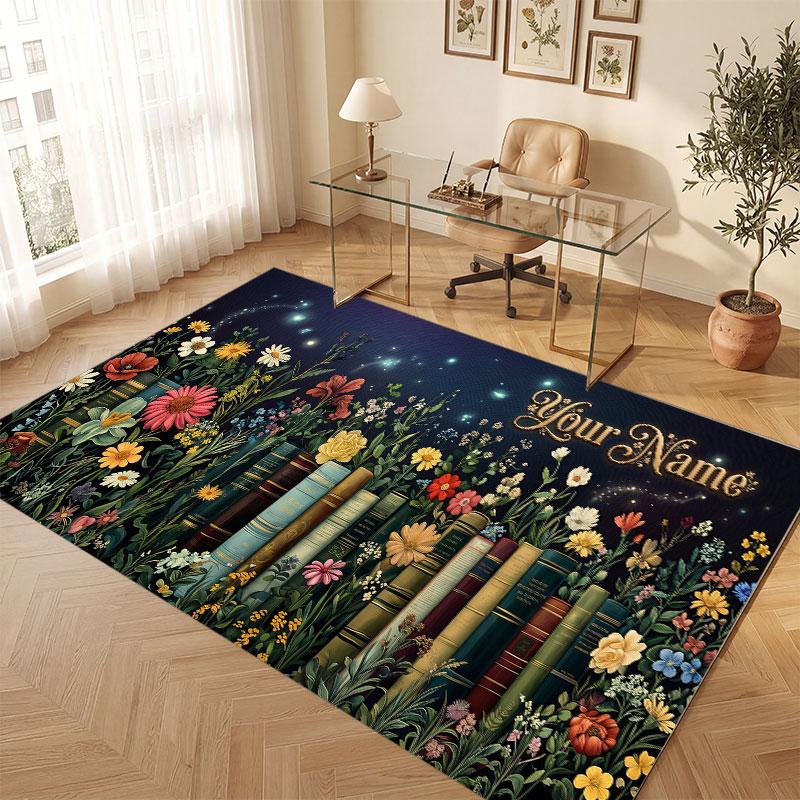 Floral Garden Theme Crystal Velvet Floor Rug Personalized Custom Name Text Warm Carpet Home Decoration