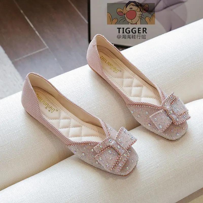 Rhinestone With Bow Crystals Non Slip Woman Flats Diamond Shoes for Women Comfortable and Elegant Summer a Spring Popular