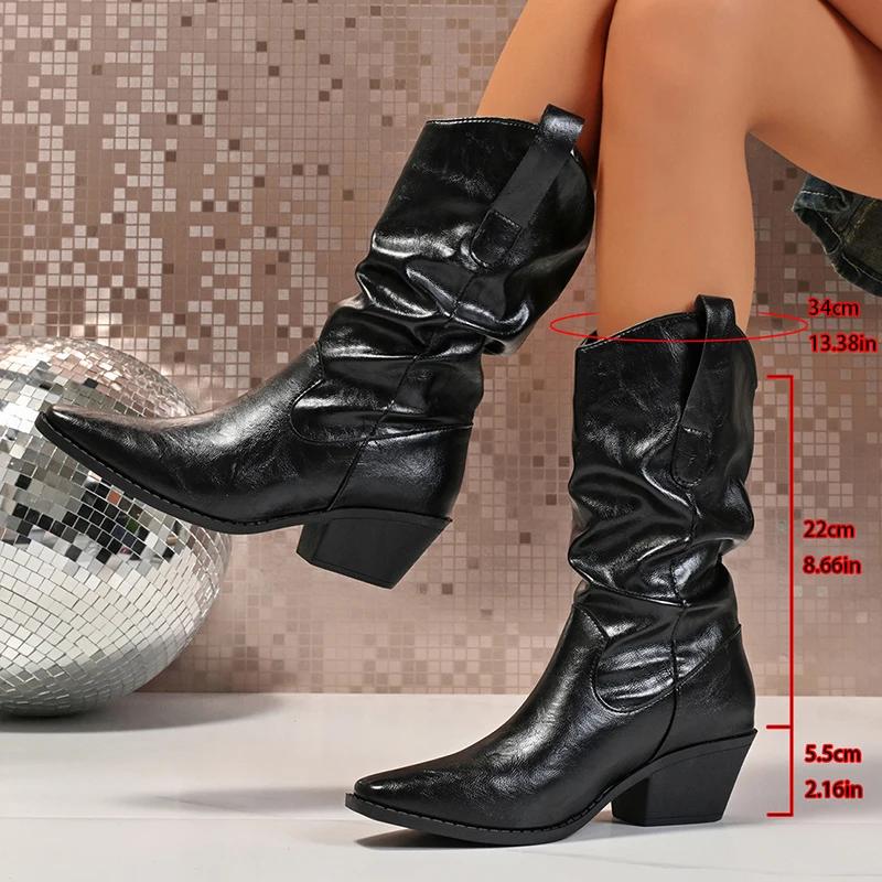 

Vintage Pointed Toe Western Boots Women Autumn Pleat High Heels Mid Calf Boots Woman Plus Size 42 Pu Leather Cowgirl Botas 42