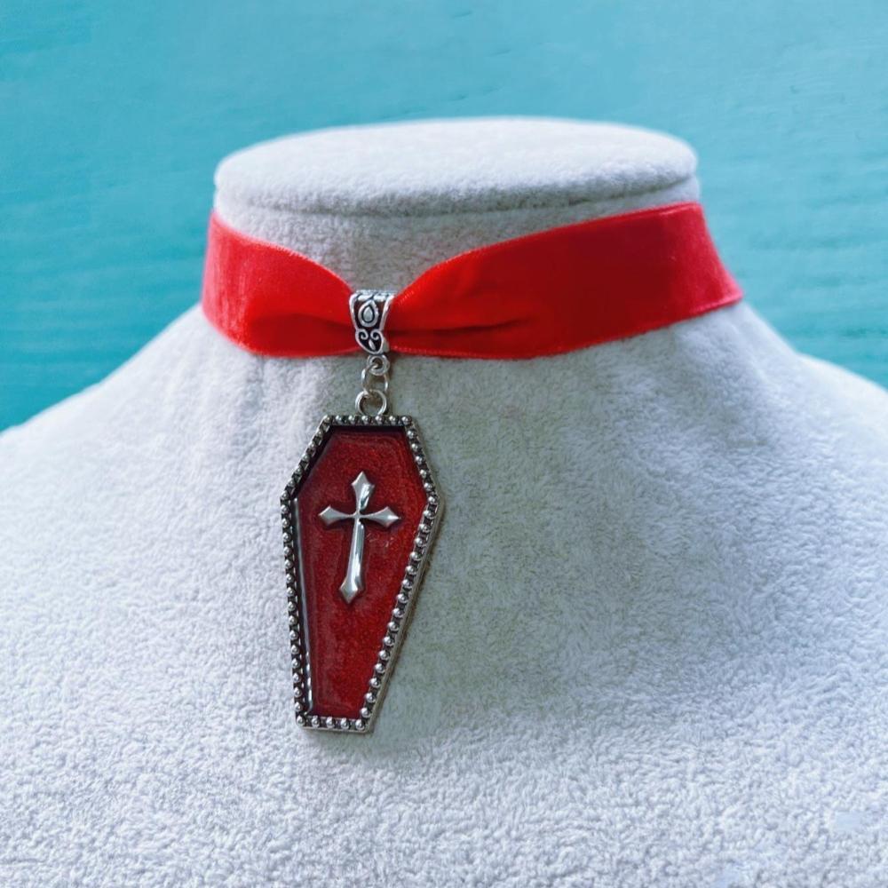 Gothic Silver Color Death Cross Red Dripping Glaze Coffin Pendant Velvet Necklace for Women Men Hallowmas Retro Fashion Jewelry