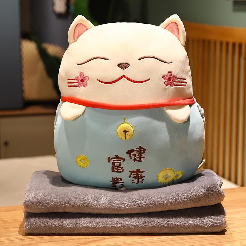 Lucky Cat Plush Pillow+Carpet 2 In 1 Stuffed Maneki Neko Sleep Blanket Cushion Hand Warmer Cartoon Throw Pillow with Blanket