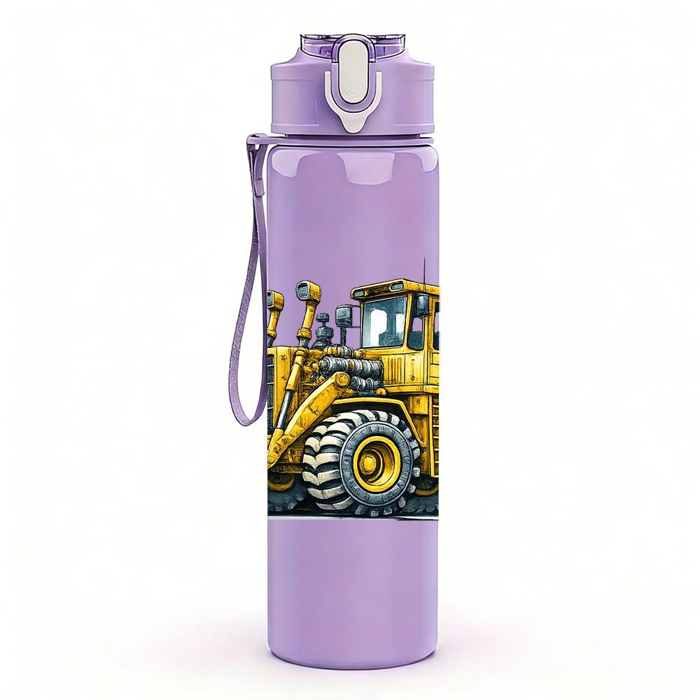 1PC Yellow Construction Excavator Print 750ml Color Plastic Sports Water Bottle Leakproof Flip Straw Lid Suitable for Sports Office Home Use