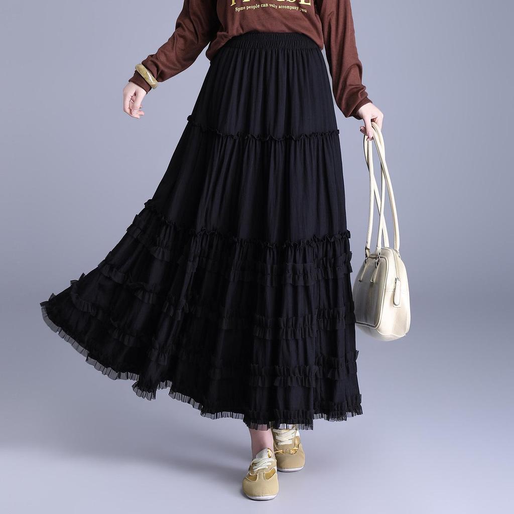 2026 Summer Women's Korean A-Line White Midi Skirt – High Waist, Lace Trim, Drape Design