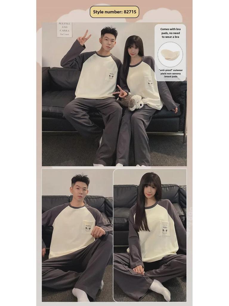 Koreanische Cartoon-Pyjamas für Paare mit Brustpolstern - Langärmlig für Herbst/Winter
