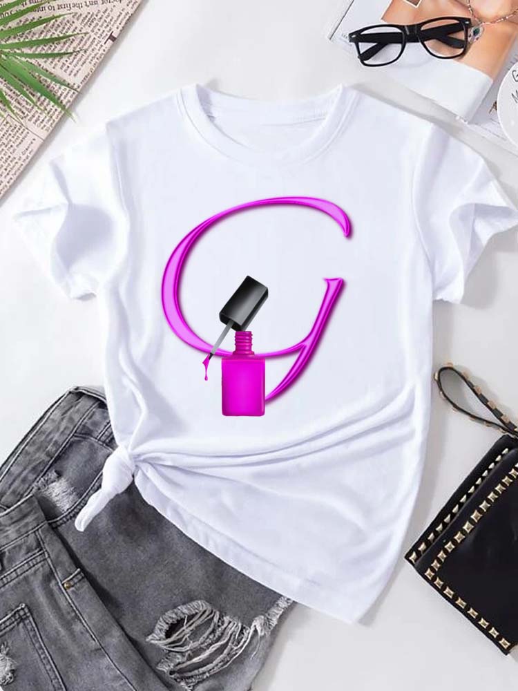 Maycaur Custom Name Letter Combination Fashion Women T-shirt Nail Polish Letter Font A B C D E F G Short Sleeve Tops Female Tees