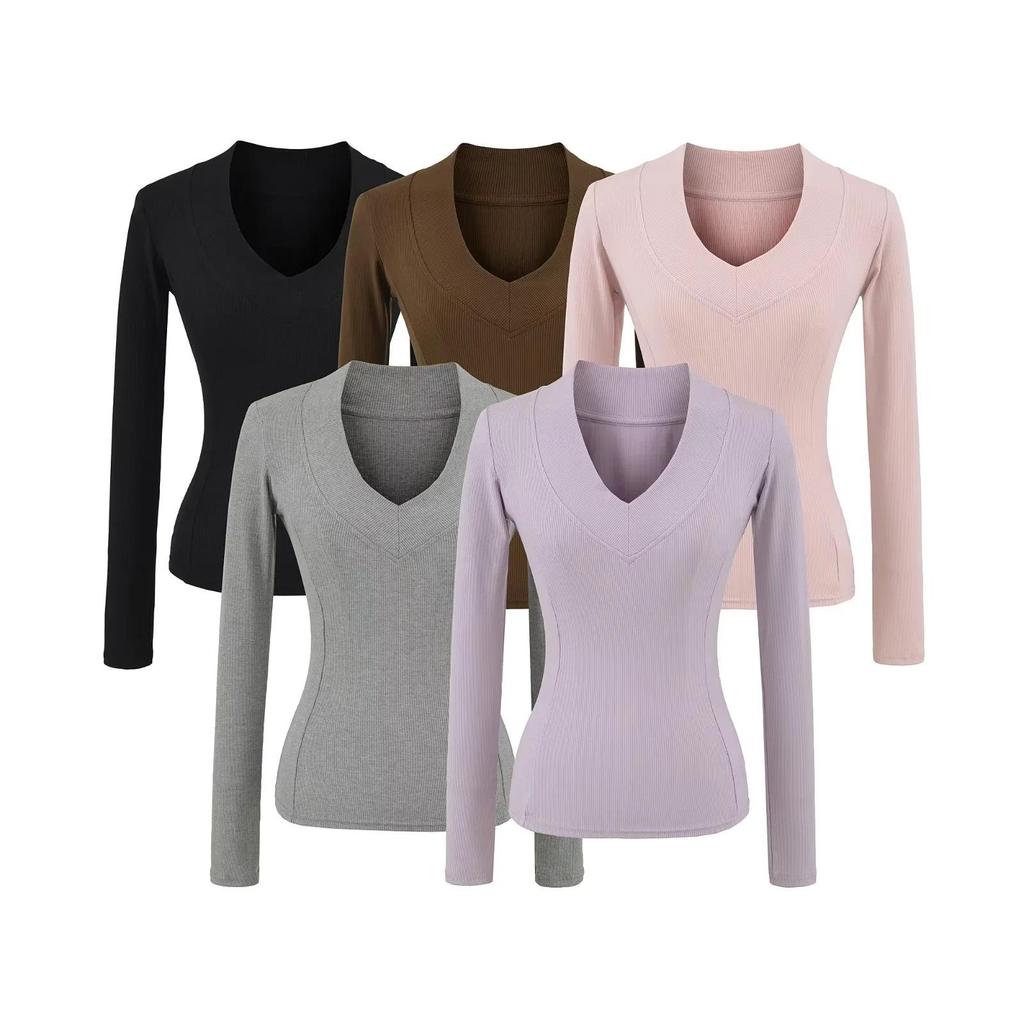 American Spicy Girl Deep V-Neck Long Sleeve Crop Top: Women's Slimming Waist, Regular Shoulder T-shirt for Autumn/Winter