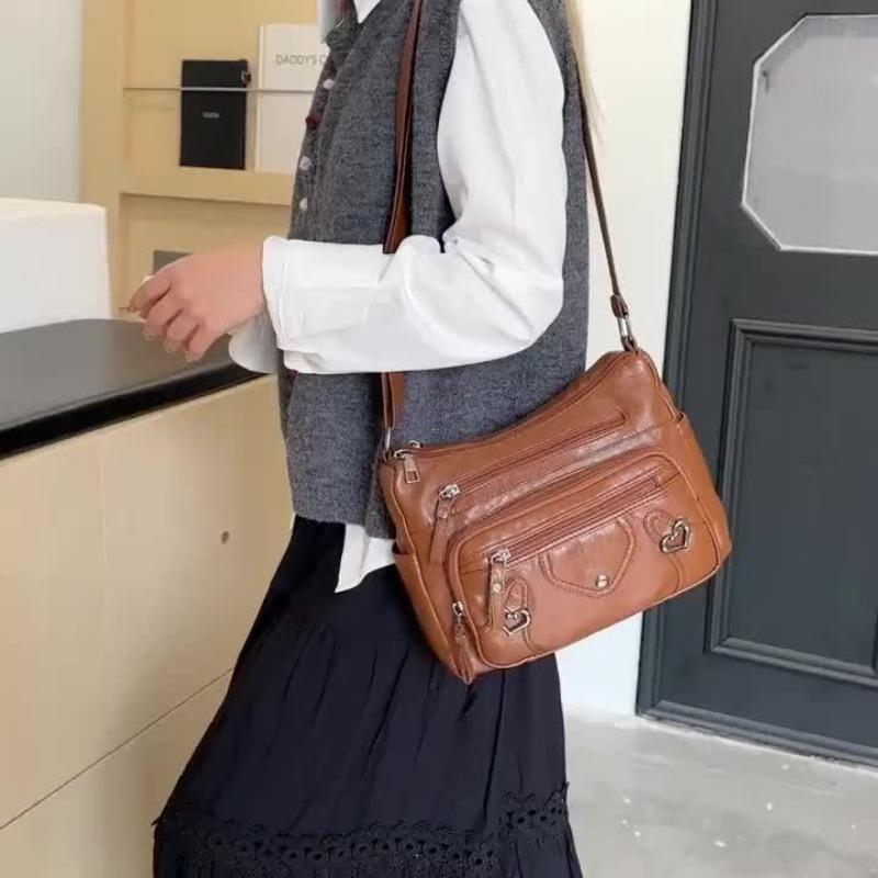 With Adjustable Shoulder Strap, Multiple Zippered Heart Cut-Out Design - Solid Color Handbag For Work, Shopping, Daily Use