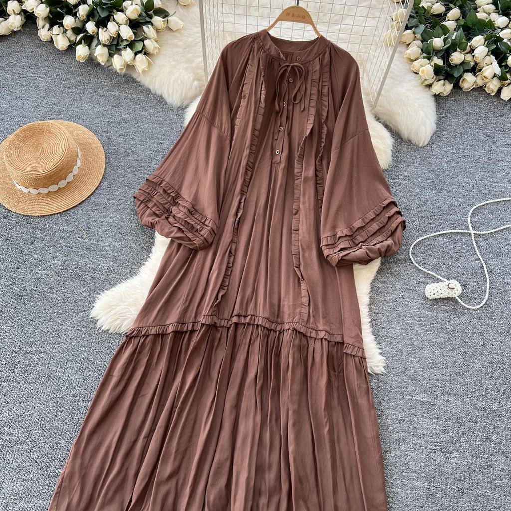 Lanterna Vintage Allacciatura Ruffle Vestito Maniche Lunghe Elegante Ampio Scollo O Moda Coreana High Street Abbigliamento Donna