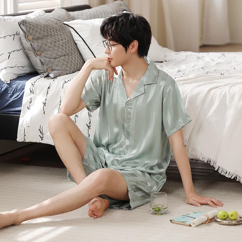 Pabonu Summer Men's Ice Silk Cool Comfort Simple Pajama Set FD