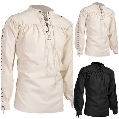 Camisa masculina gótica de manga comprida com gravata larga solta casual cor sólida para Halloween