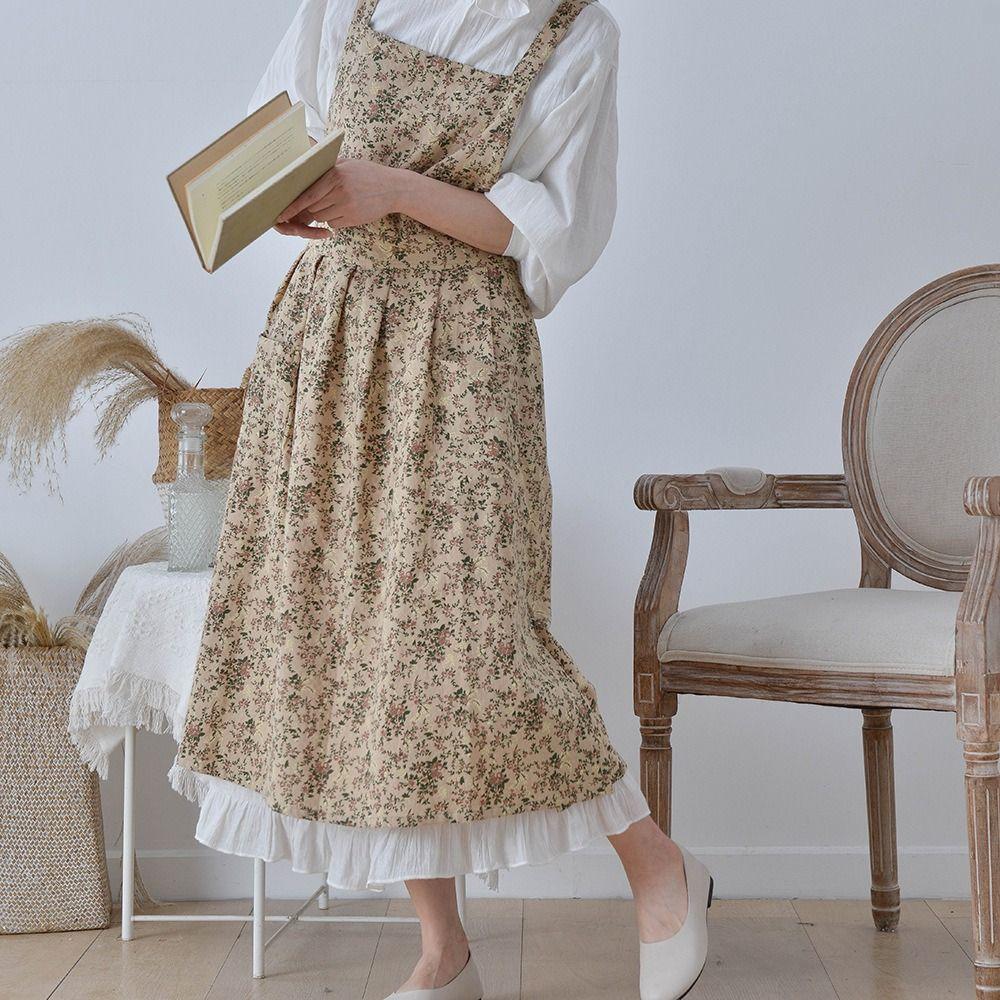 

Floral Printed Household Work Apron Elegant Waiter Extended Aprons Cleaning Apron Restaurant Use кавовий