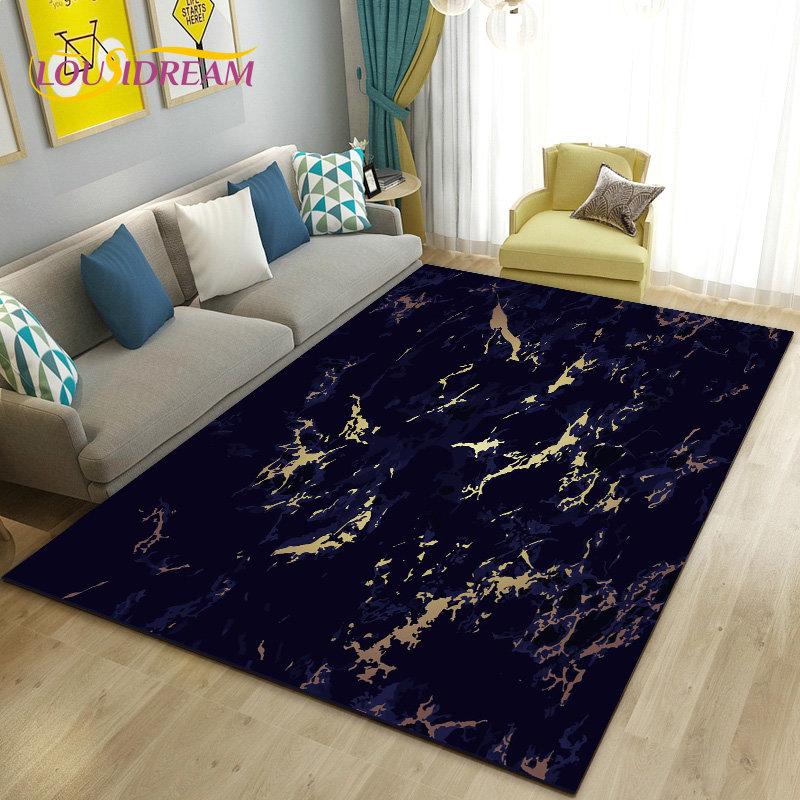 Nordic Black Gold Blue Marble Area Rug Large,Carpet Rug for Living Room Bedroom Sofa Doormat Decoration,kids Non-slip Floor Mat