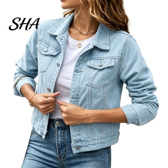Women Jean Jacket Women's Long Sleeve Cropped Denim Jacket, Button Down Lapel Jeans Coat with Pockets, Fall Spring Lightweight Outerwear