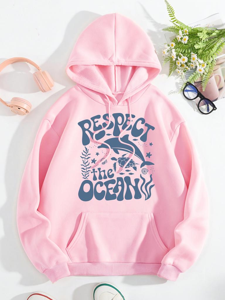 Respect The Ocean Shark Turtle Print Women Hoodie Pocket Hip Hop Hoody Multicolor Casual Pullovers Autumn Fleece Streetwear