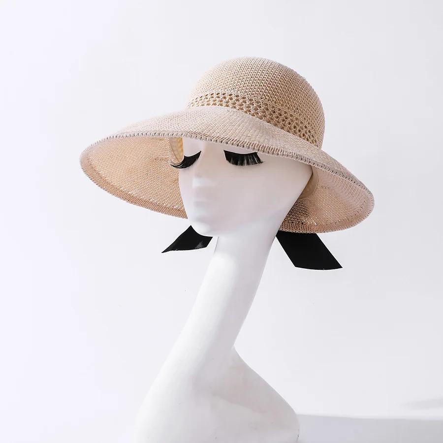 Summer Wide Brim Foldable Sun Hats For Women Girl Portable Ponytail Outdoor Beach Straw Hat Adjustable Uv Protection Panama Caps