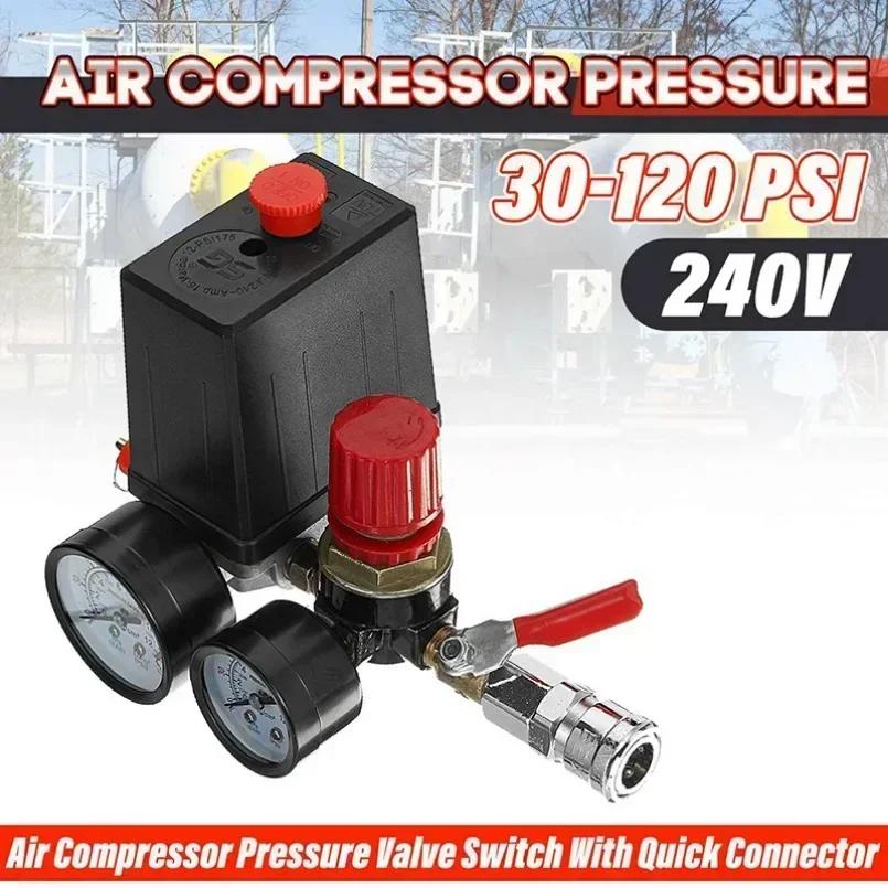 Small Air Compressor Pressure Switch Control Valve Regulator With Gauges Fittings Pneumatic Accessories Quick Response 240V NEW