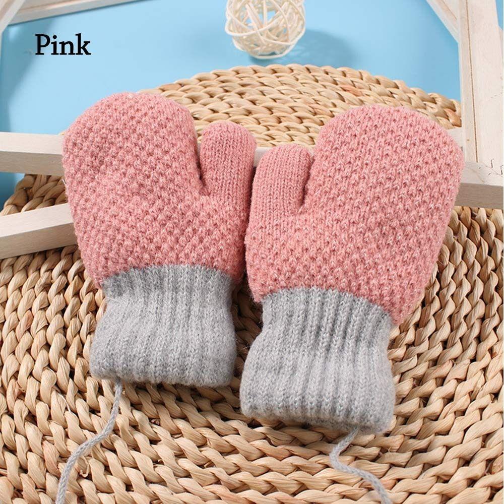 

Winter Plush Hanging Neck Knitted Mittens Cute Thick Warm Kids Gloves рожевий
