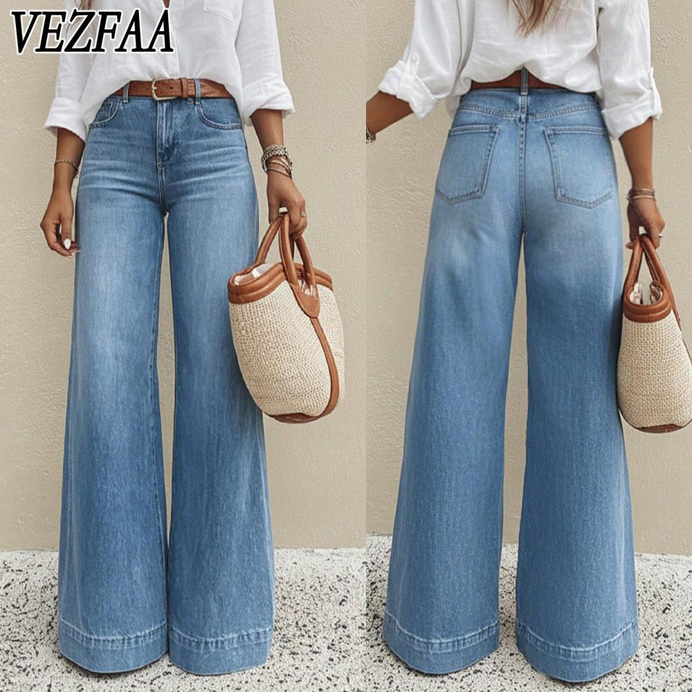 VEZFAA Lente en Zomer Nieuwe Stijl Vintage Gewassen Wijde Pijp Losse Slim Hoge Taille Jeans Broek voor Vrouwen