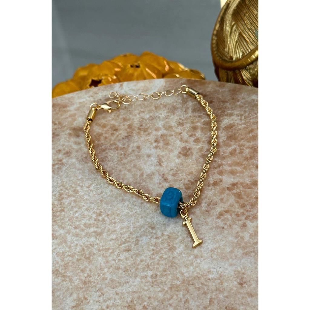 Brățară cu lanț răsucit cu mărgele de sticlă nostalgie placată cu aur litera I personalizată