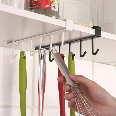 Multi Functional Kitchen Cabinet Miscellaneous Storage Rack with 6 Hooks, Plastic Coffee Cup Holder, Black and White