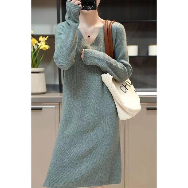 Medium and Long Knitted Sweater Skirt Women's V-neck Straight Thickened Inner Warm and Versatile Bottom Long-sleeved Sweater Dress