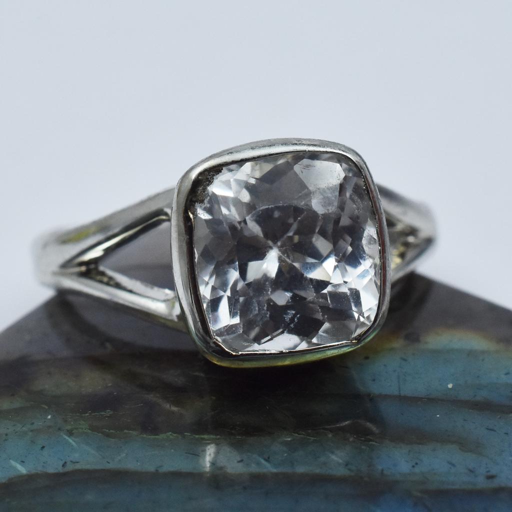 20.00 Carat White Sapphire Silver Ring Size 8.5 Square Shape Best Ring Gemstone AR-.3133-Sa