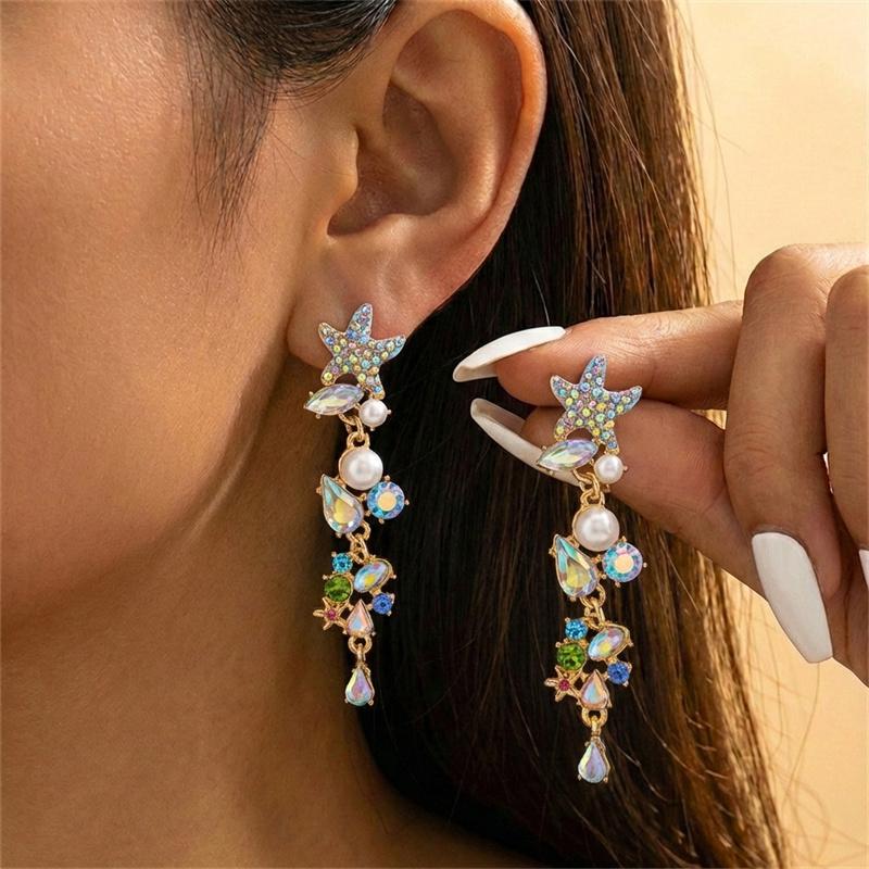 Boho Starfish Coral Dangle Earring for Women Imitation Pearl Colorful Zircon Long Tassel Drop Earring Summer Beach Ocean Zircon