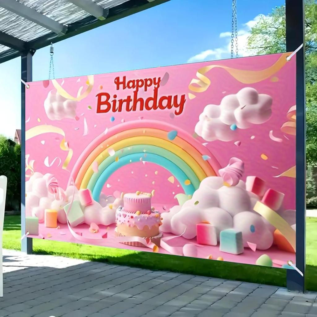 Nuxovilar Happy Birthday Banner - Large 71x43 Inch Pastel Rainbow Clouds Party Backdrop for Kids, Yard Sign, Birthday Decorations