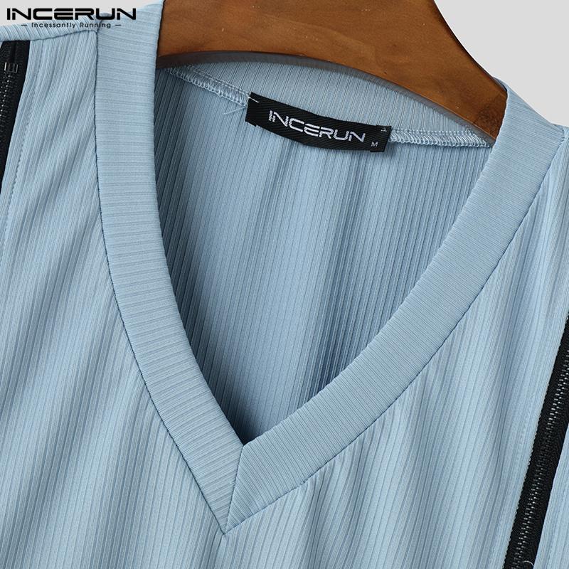 INCERUN Summer Men V Neck Short Sleeve Zip-up Casual Skinny Rib T-shirts Tops