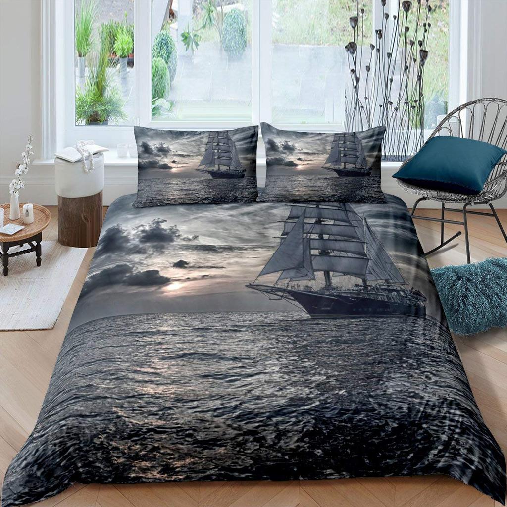 Conjunto de capa de edredom veleiro de microfibra com decoração náutica, conjunto de cama queen retrô pirata com padrão marinho e pôr do sol