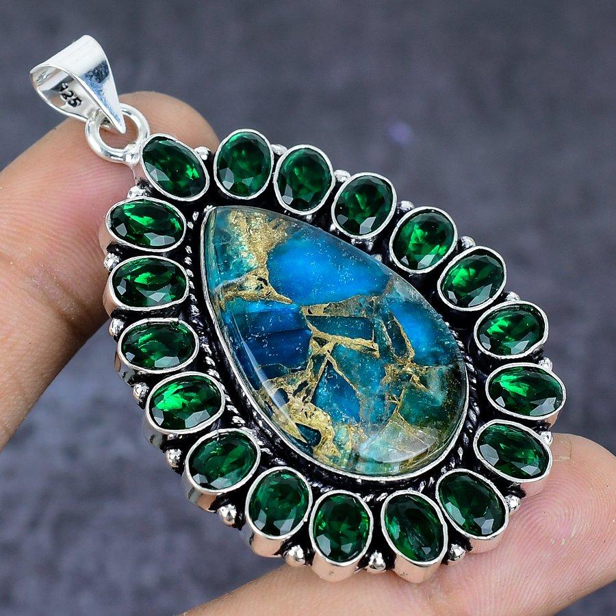 Natural Copper Turquoise Gemstone 925 Sterling Silver Jewelry Pendant 2.56" ETC-13783