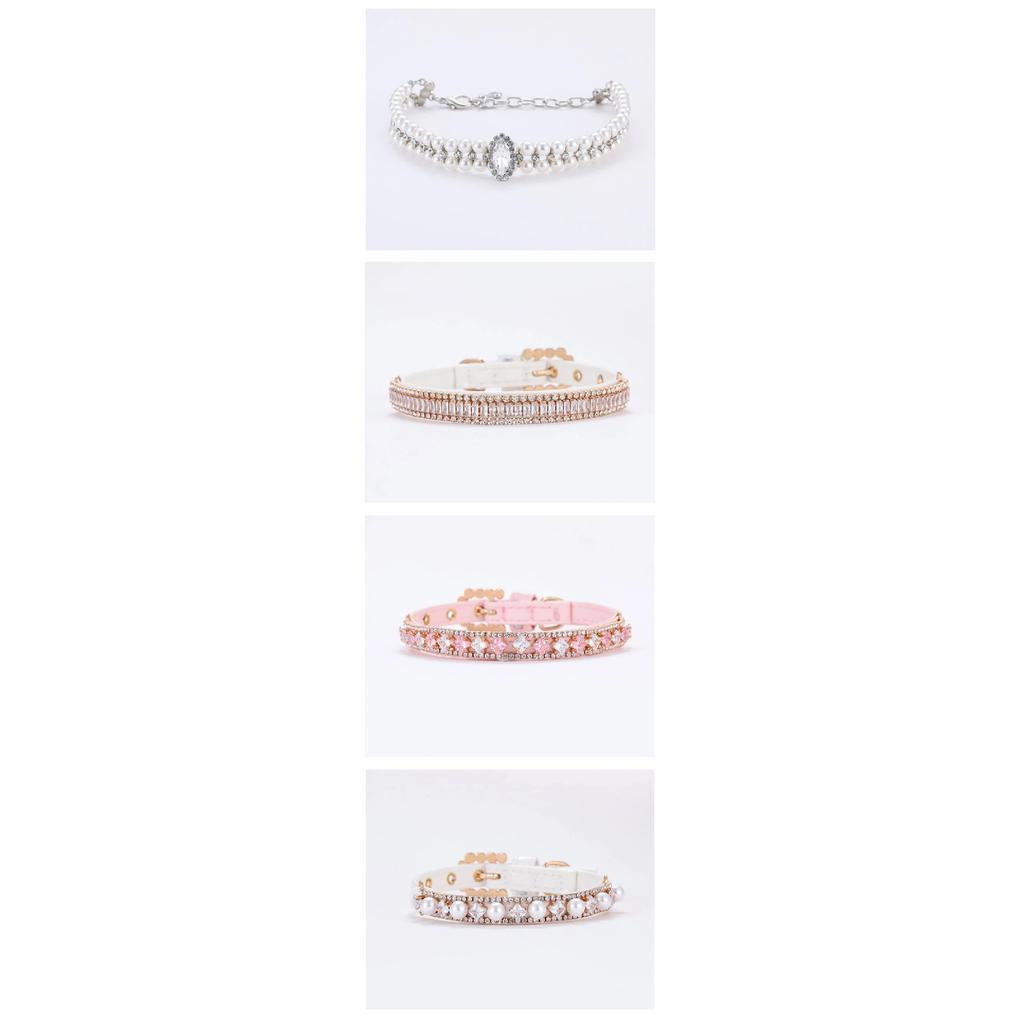 Dog Cat Pearl Collars with Crystal Rhinestone Pearl Cat Necklace Adjustable PU Leather Neck Strap for Small Dogs Cat Accessories